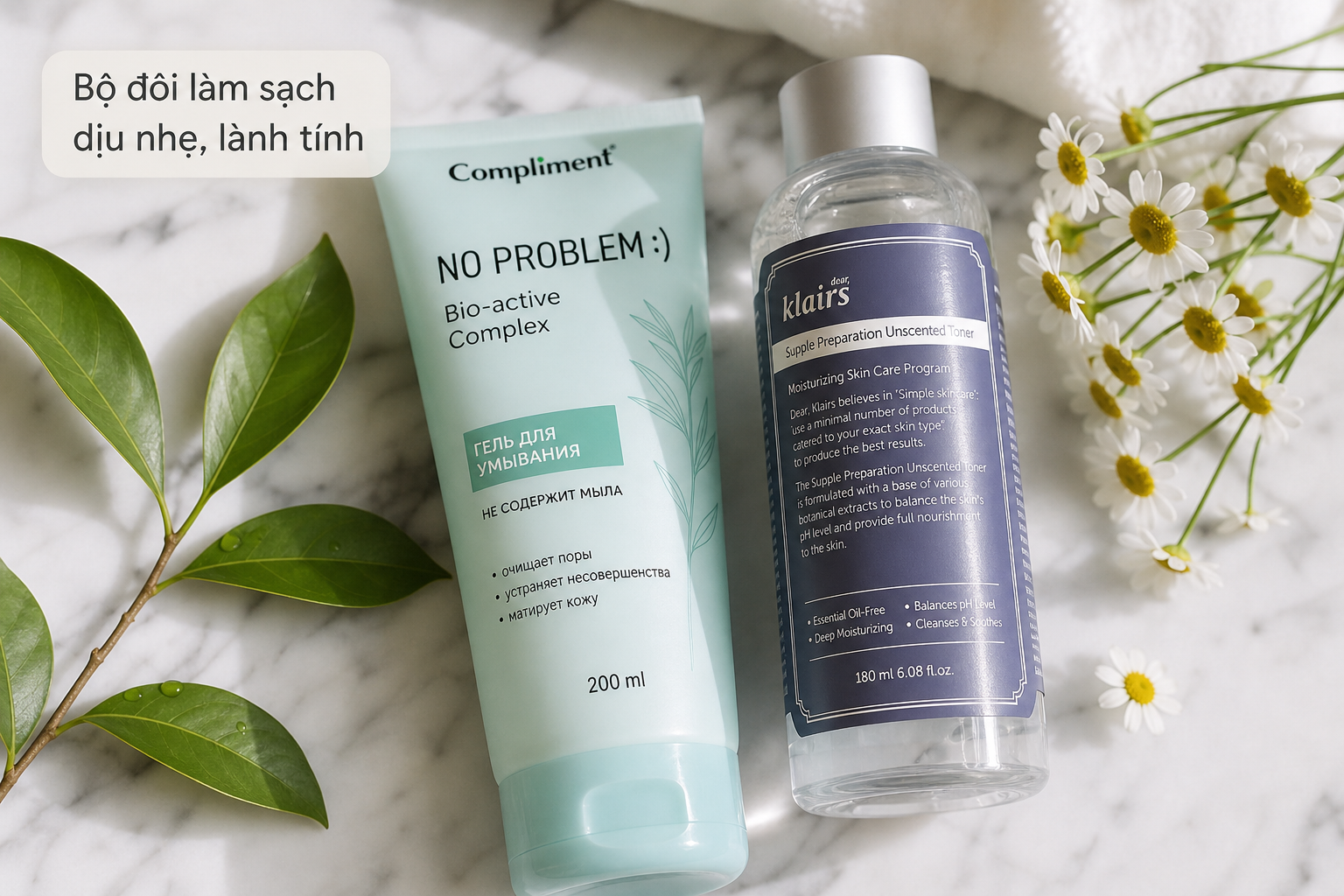 Review gel rửa mặt Compliment và toner Klairs cho da dầu mụn